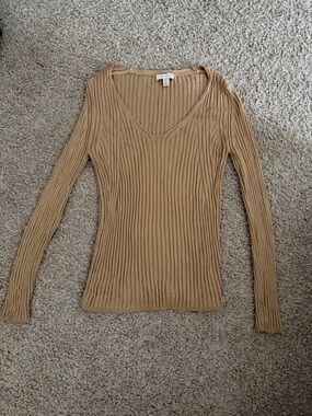 Topshop Ribbed V-Neck Long Sleeve Top in Camel